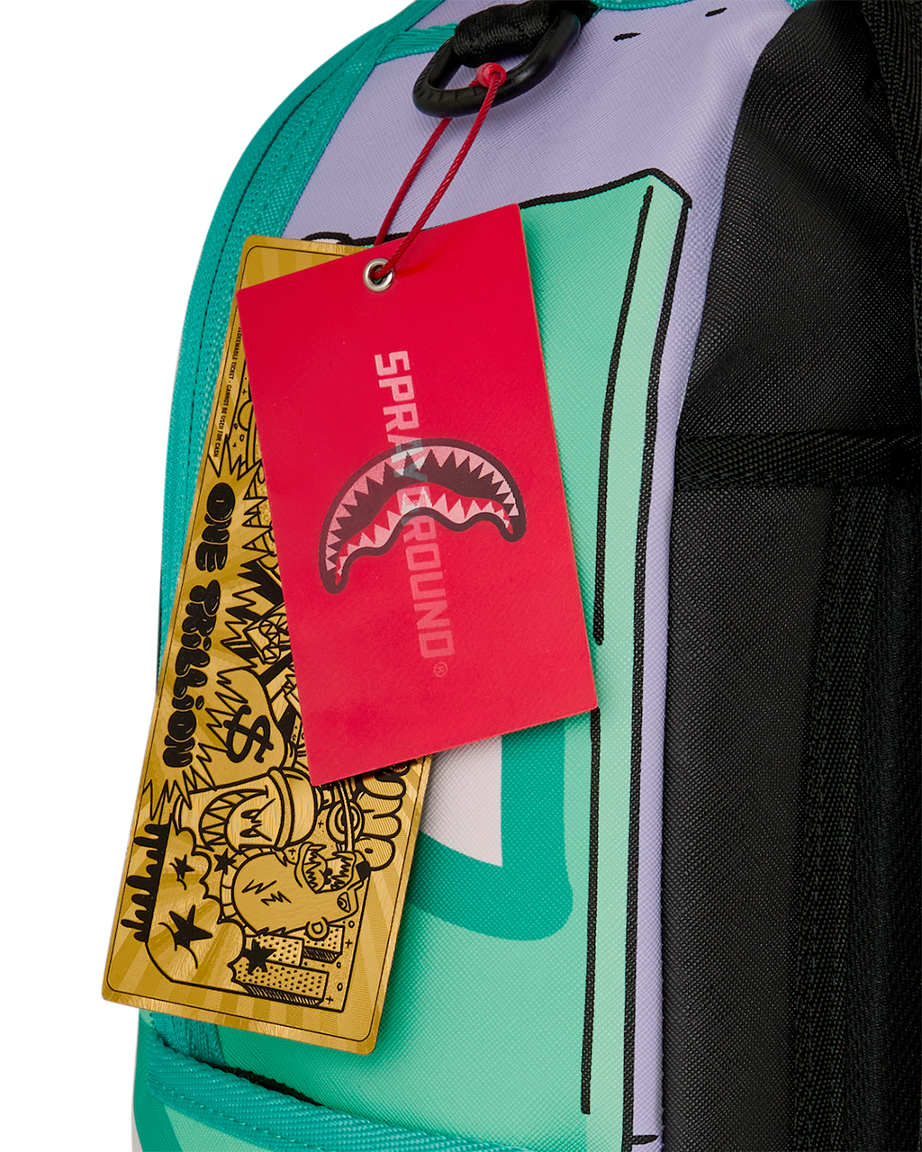 Mini backpack with red and gold hang tags attached near inner lining