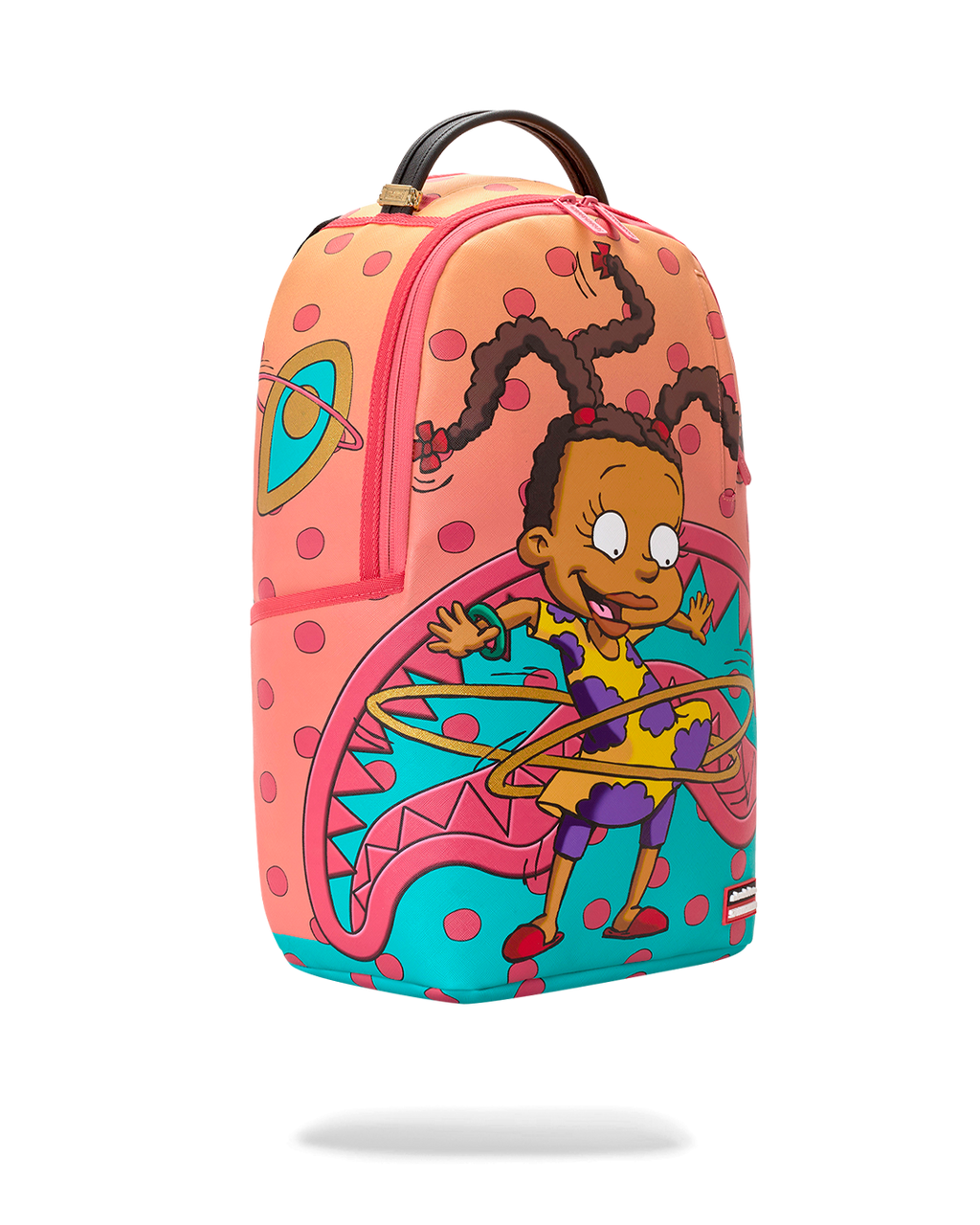 Sprayground Susie hula hoop mini backpack with side artwork and top handle.