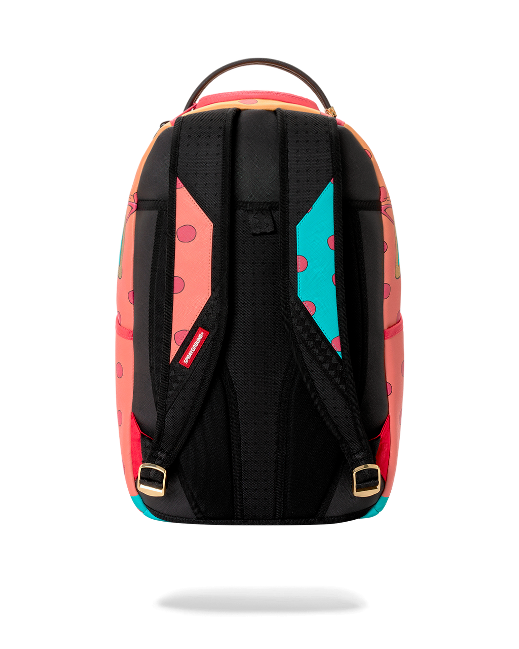 Sprayground mini backpack with black padded shoulder straps on patterned back.