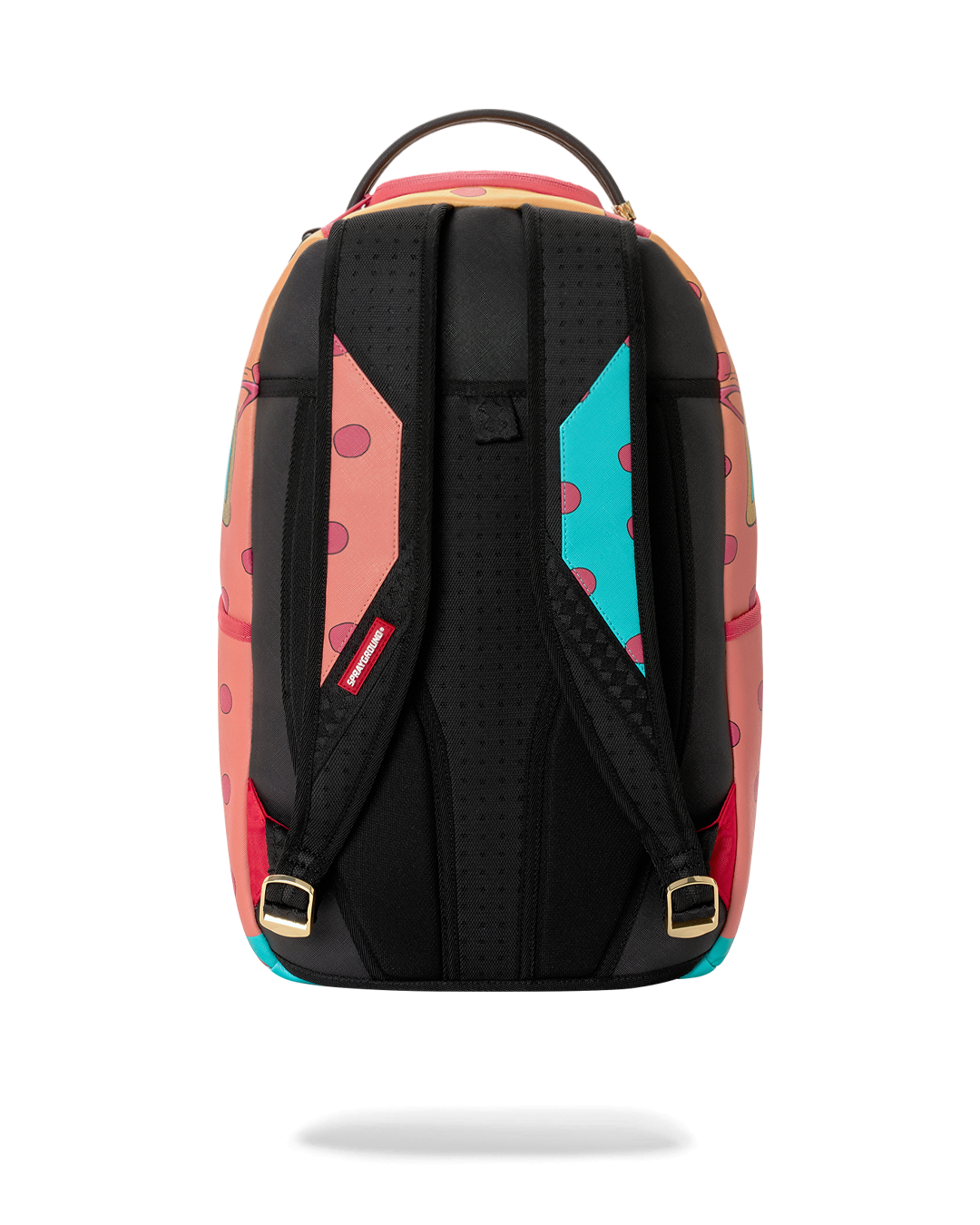 Sprayground mini backpack with black padded shoulder straps on patterned back.