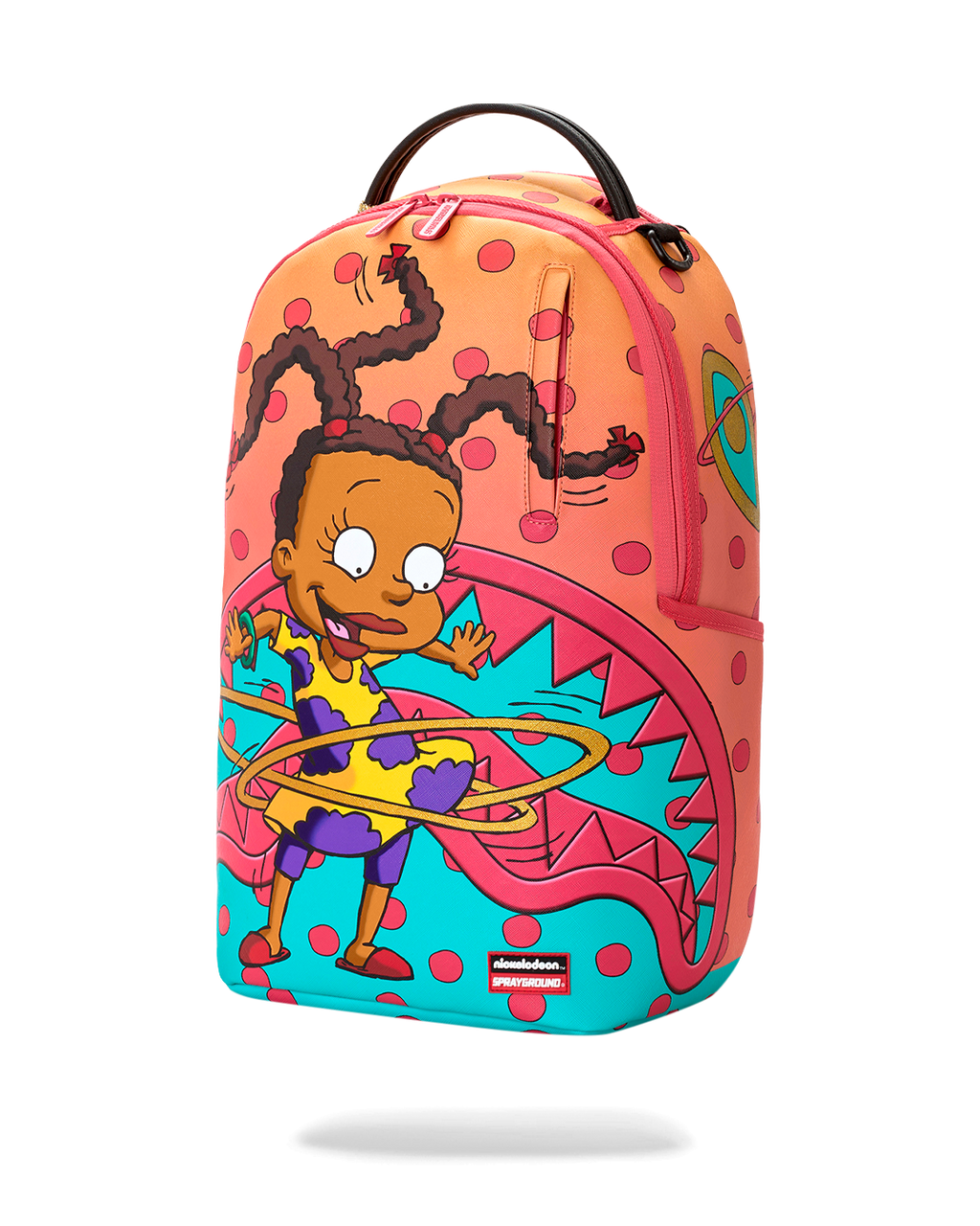 Sprayground Susie hula hoop mini backpack front, showing character graphic and zipper.