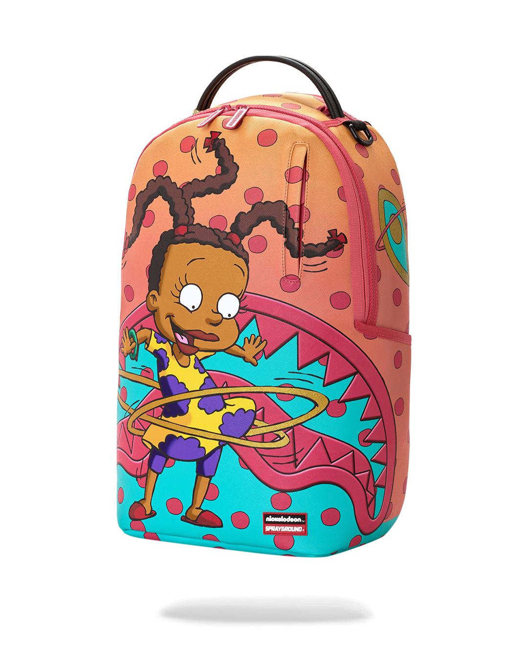 Sprayground Susie hula hoop mini backpack front, showing character graphic and zipper.