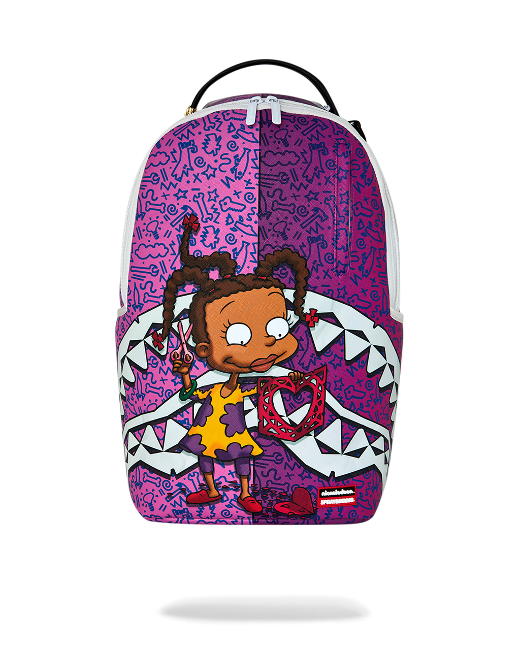 Purple character backpack with white straps and cartoon kid graphic on front.