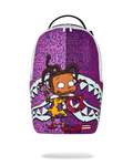 Purple character backpack with white straps and cartoon kid graphic on front.
