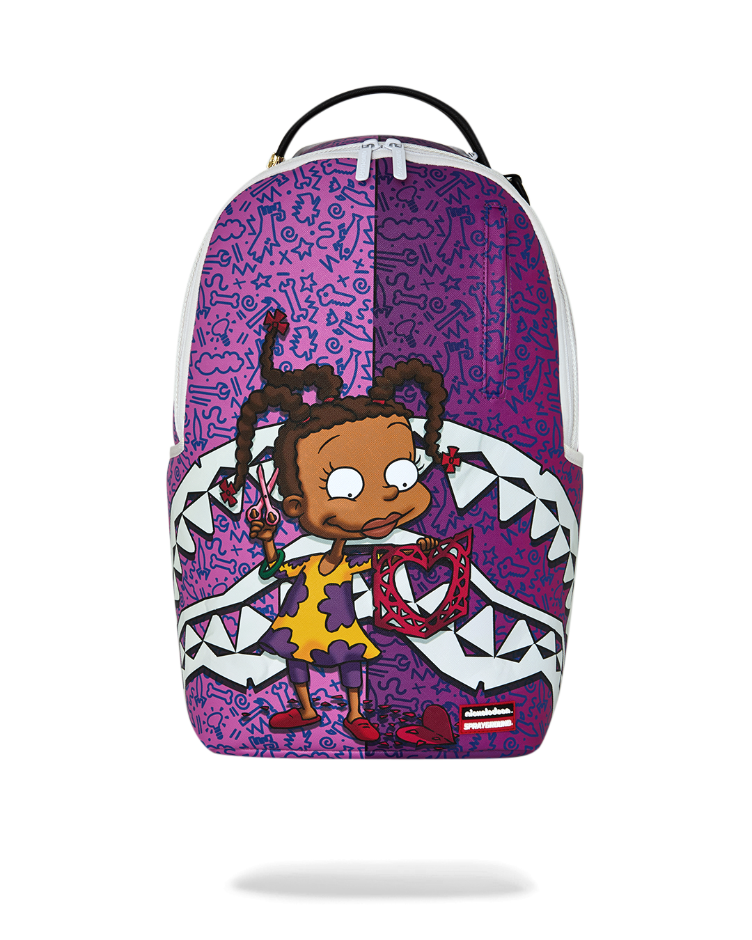 Purple character backpack with white straps and cartoon kid graphic on front.