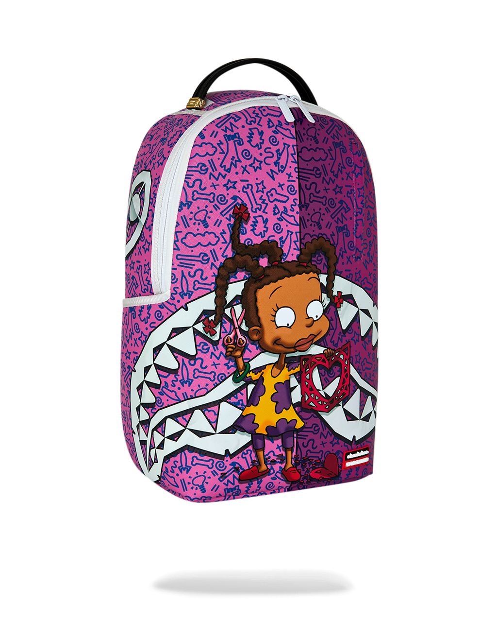 Purple cartoon backpack with white trim and top handle; side view.