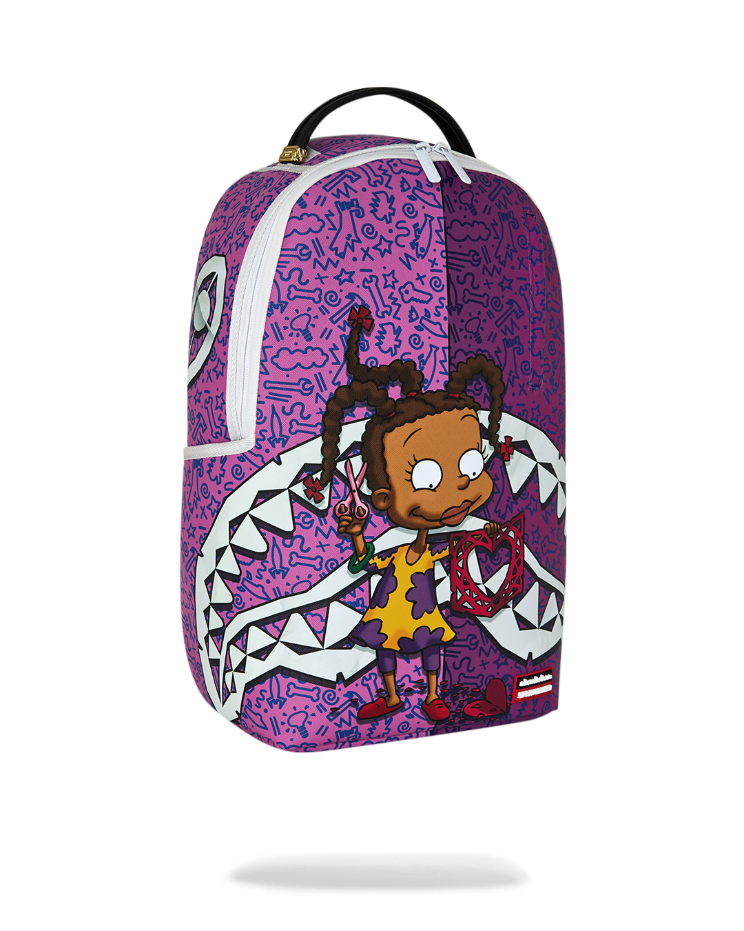 Purple cartoon backpack with white trim and top handle; side view.