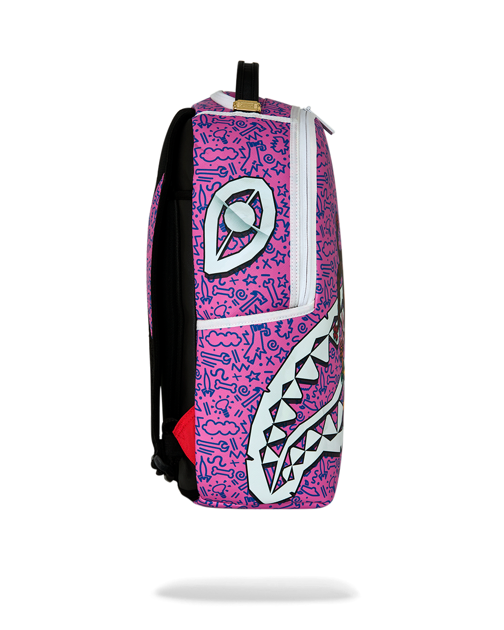 Purple and black backpack with rear straps and large logo graphic on side.