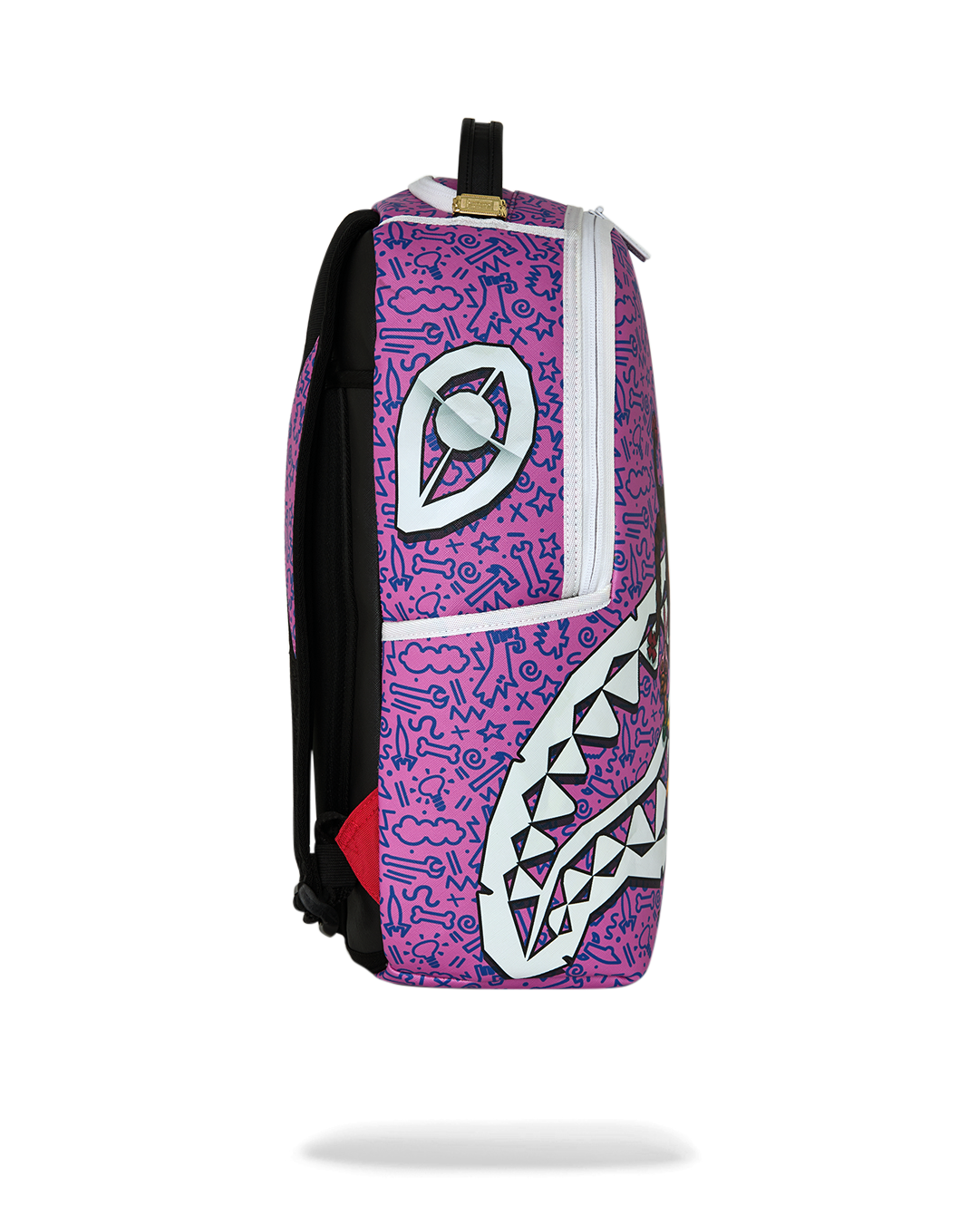 Purple and black backpack with rear straps and large logo graphic on side.