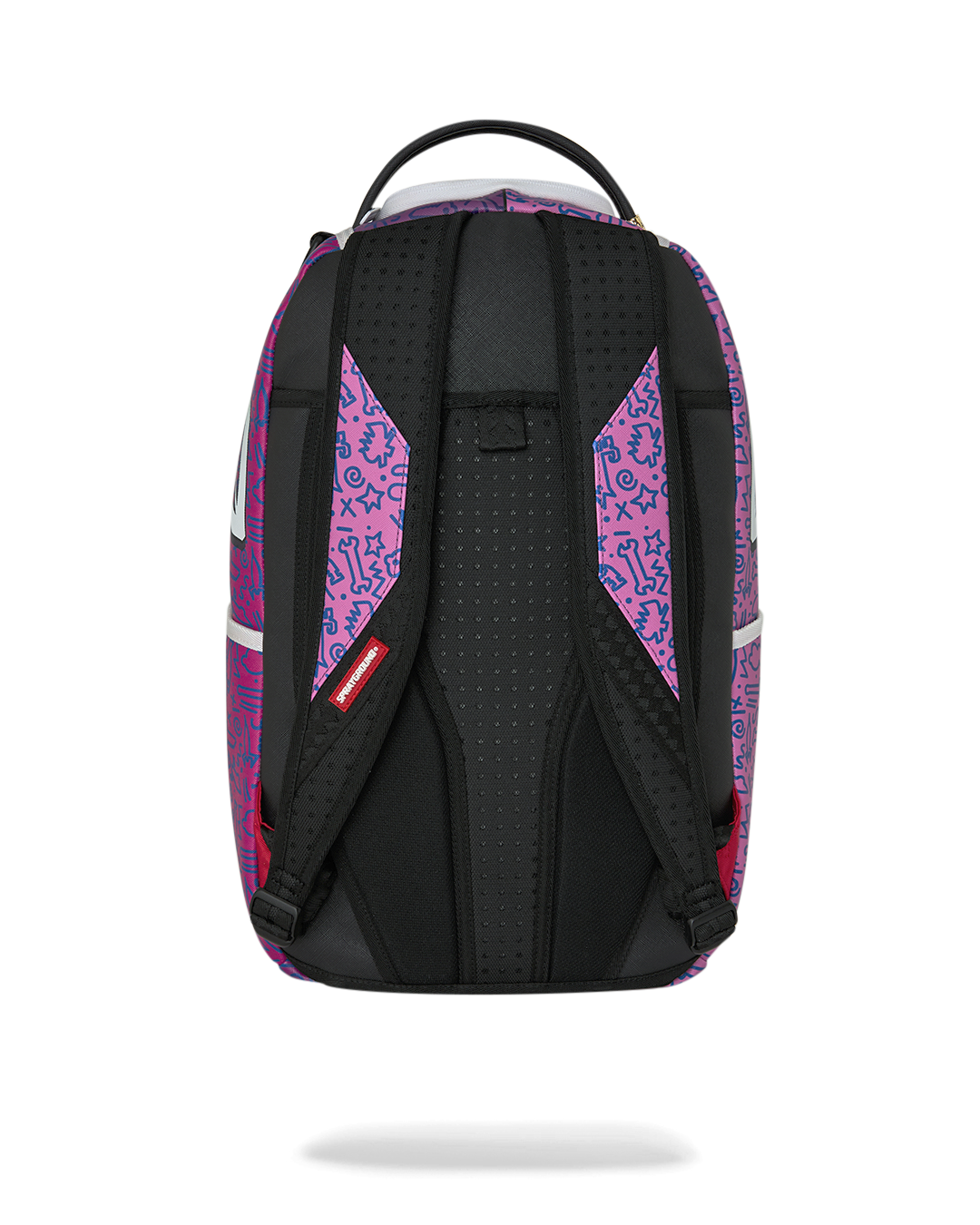 Purple backpack with black padded back panel and dual rear straps.
