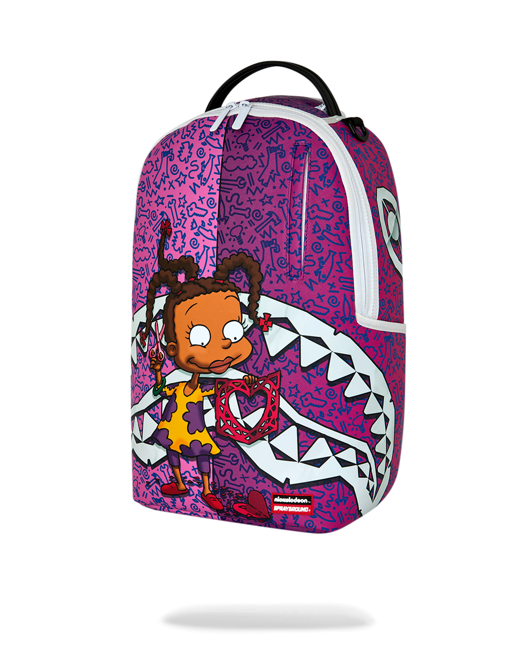 Purple character backpack with white design graphics and cartoon kid on front.