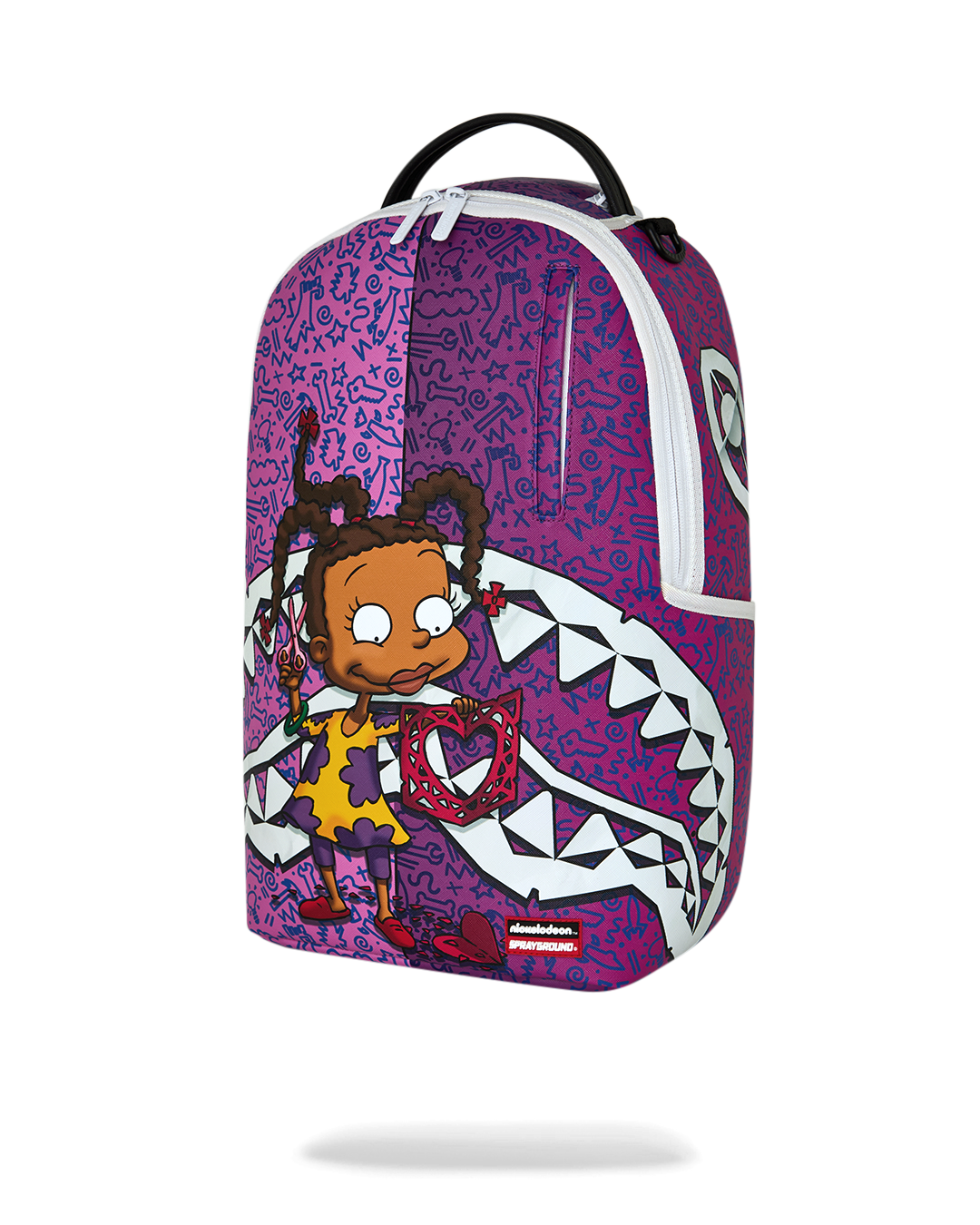 Purple character backpack with white design graphics and cartoon kid on front.