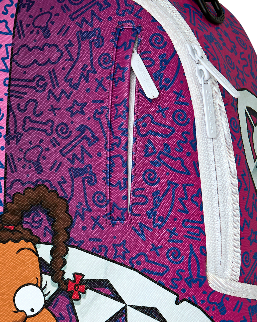 Purple patterned backpack with white zipper and white strap trim detail.