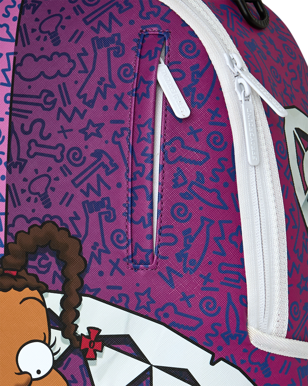 Purple patterned backpack with white zipper and white strap trim detail.