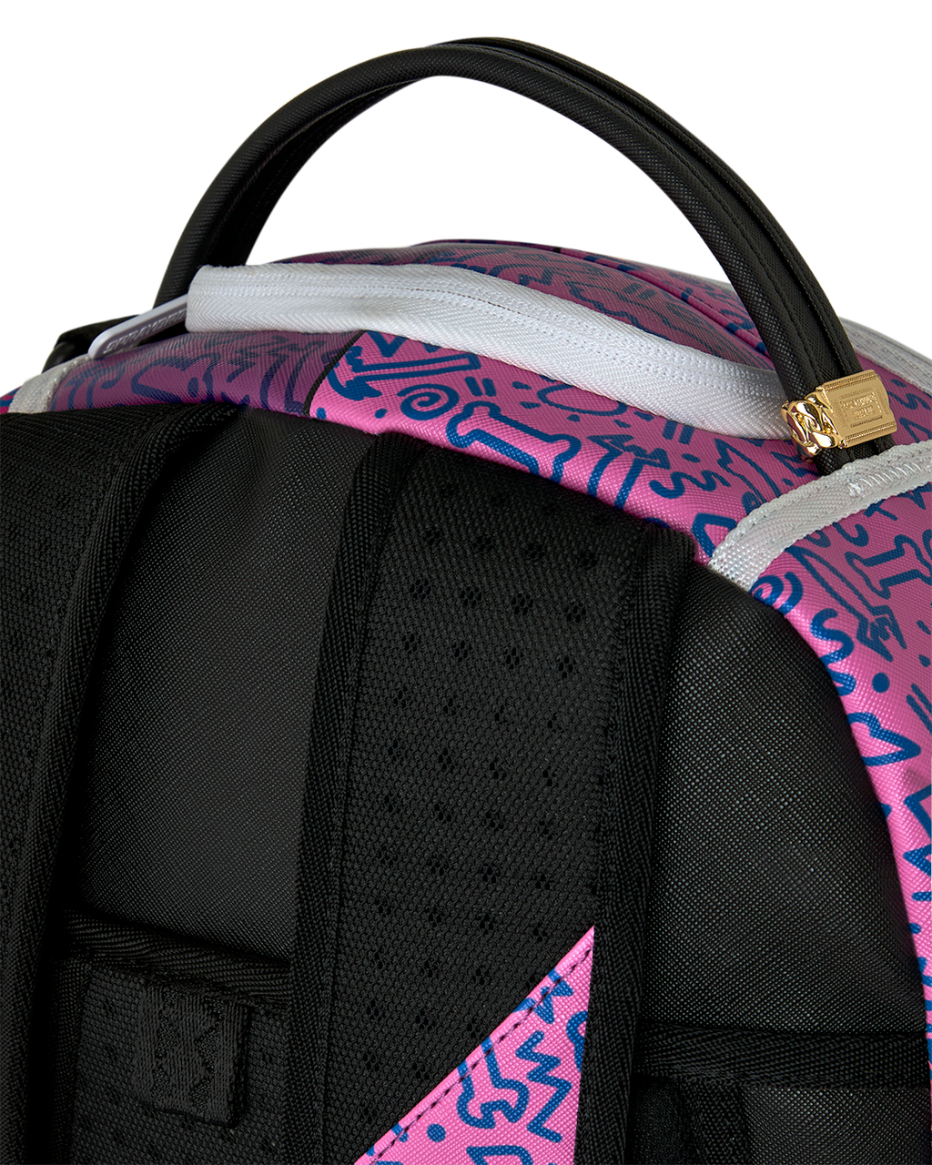 Backpack showing black padded shoulder straps and purple exterior with white trim.