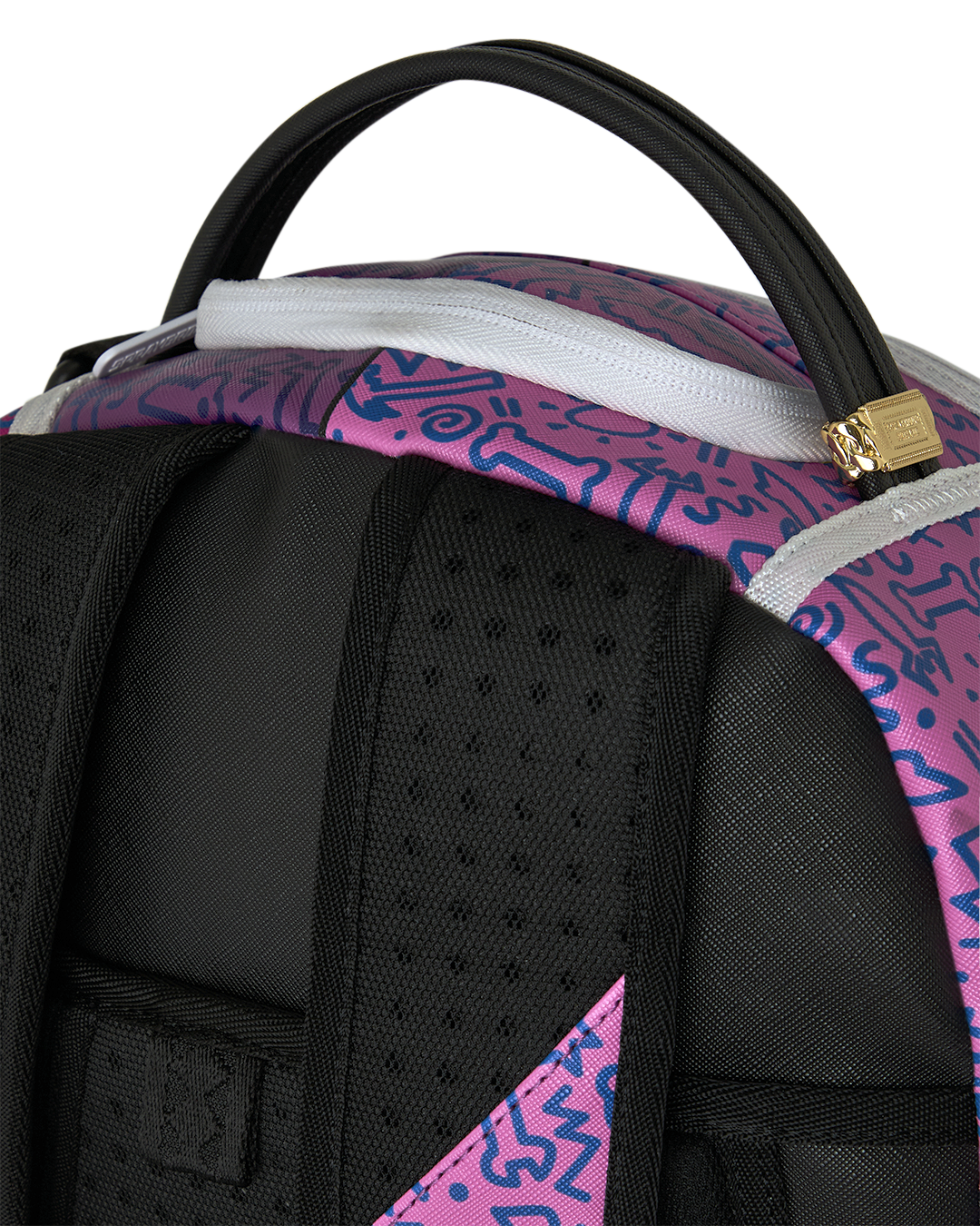 Backpack showing black padded shoulder straps and purple exterior with white trim.