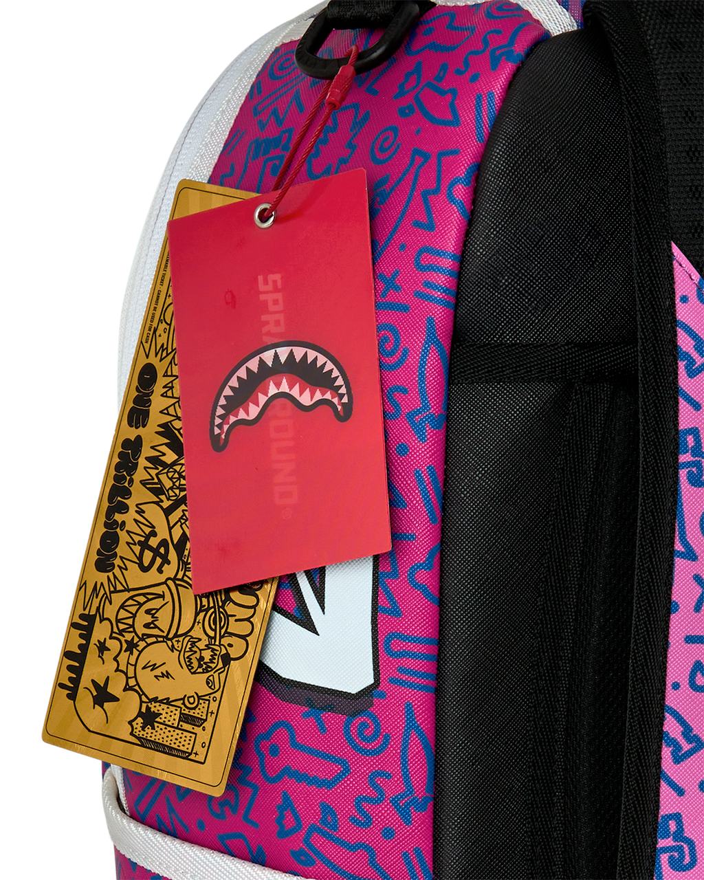 Purple backpack with hanging style tags and black back straps.