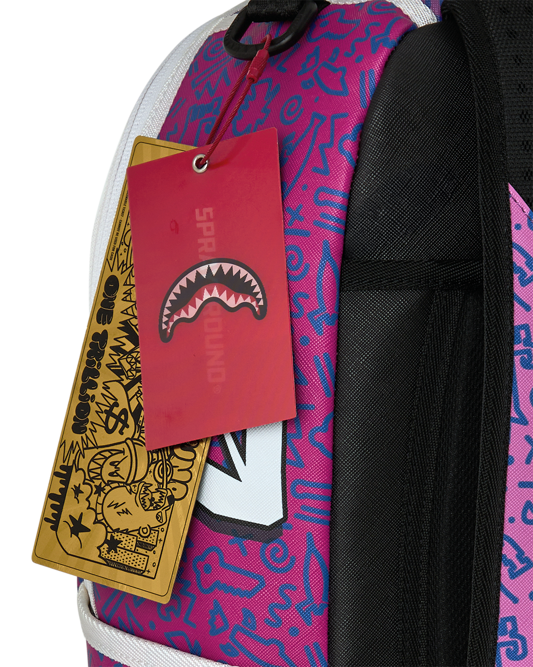 Purple backpack with hanging style tags and black back straps.