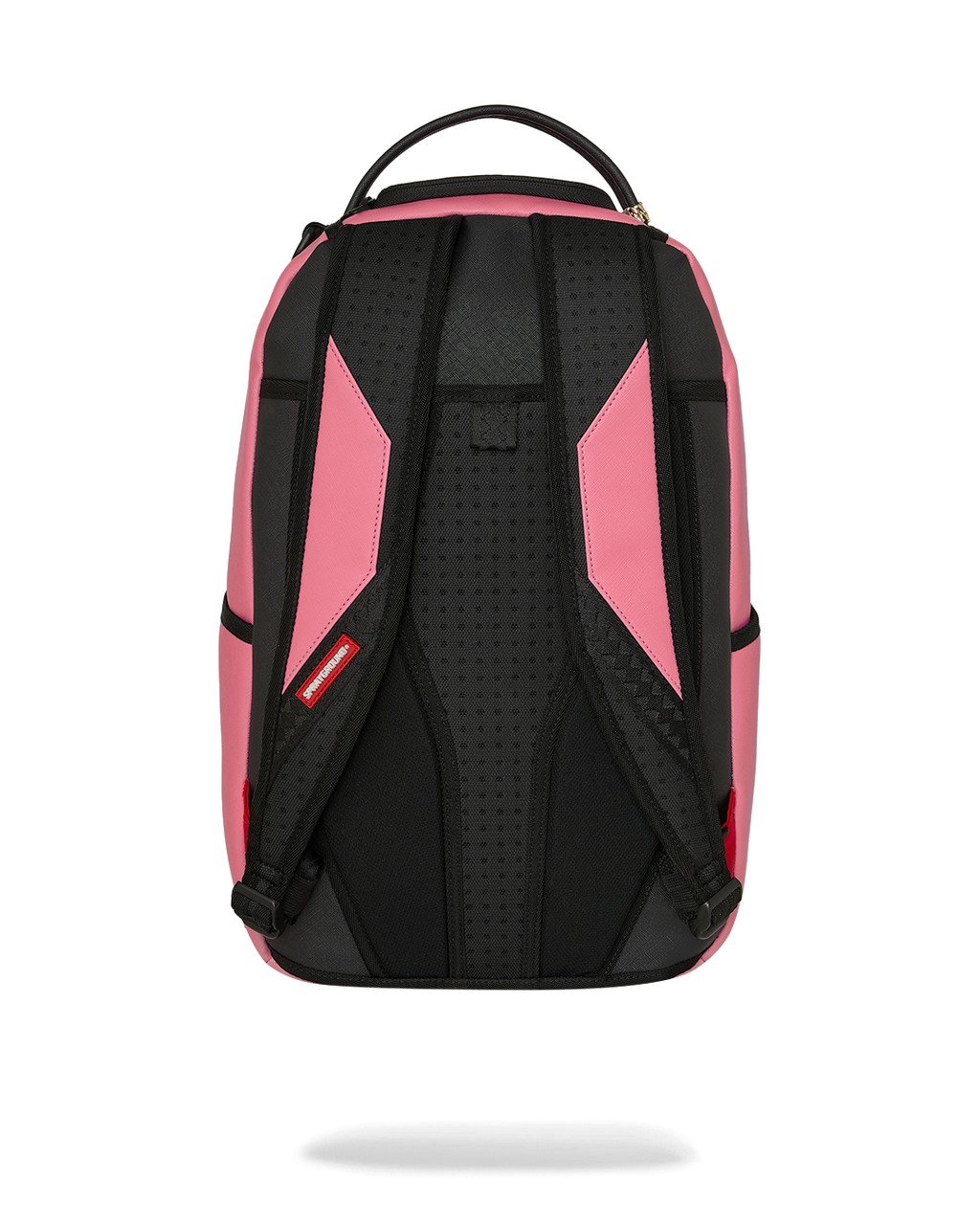Pink and black backpack with black padded, perforated back panel