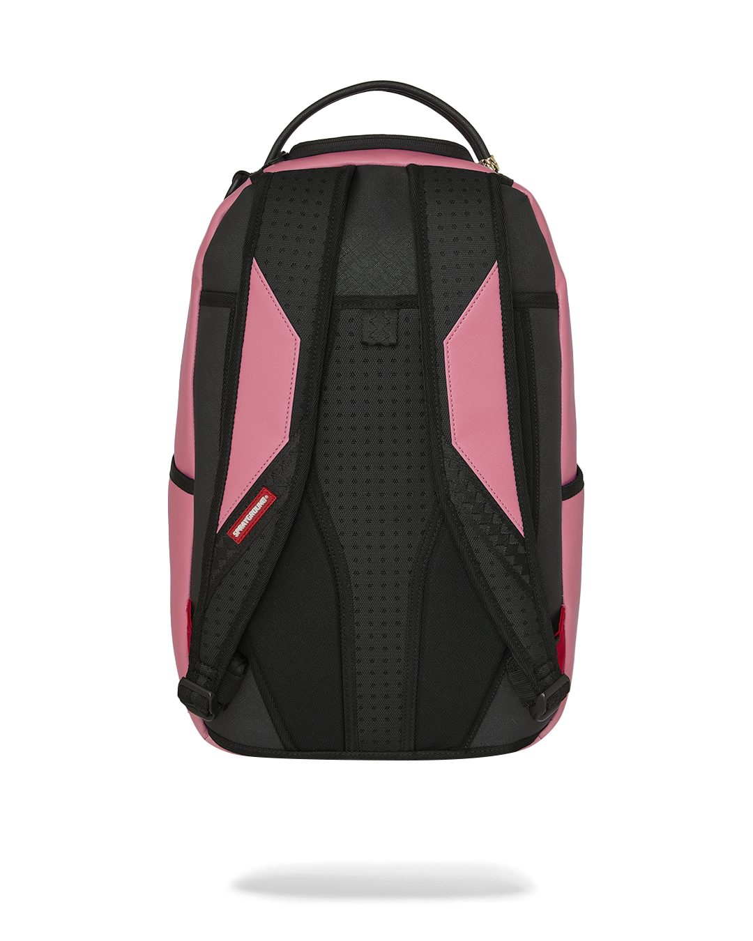 Pink and black backpack with black padded, perforated back panel