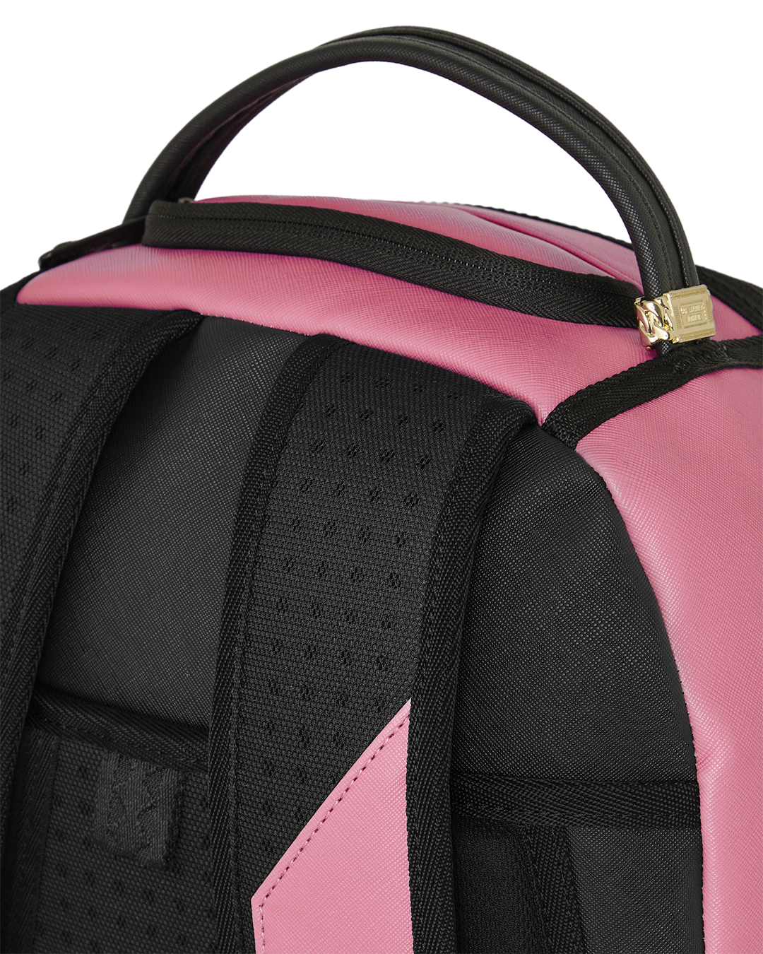 Pink and black backpack with textured front panel and gold logo hardware