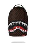 Sprayground backpack with brown checkered print and red/white shark graphic front