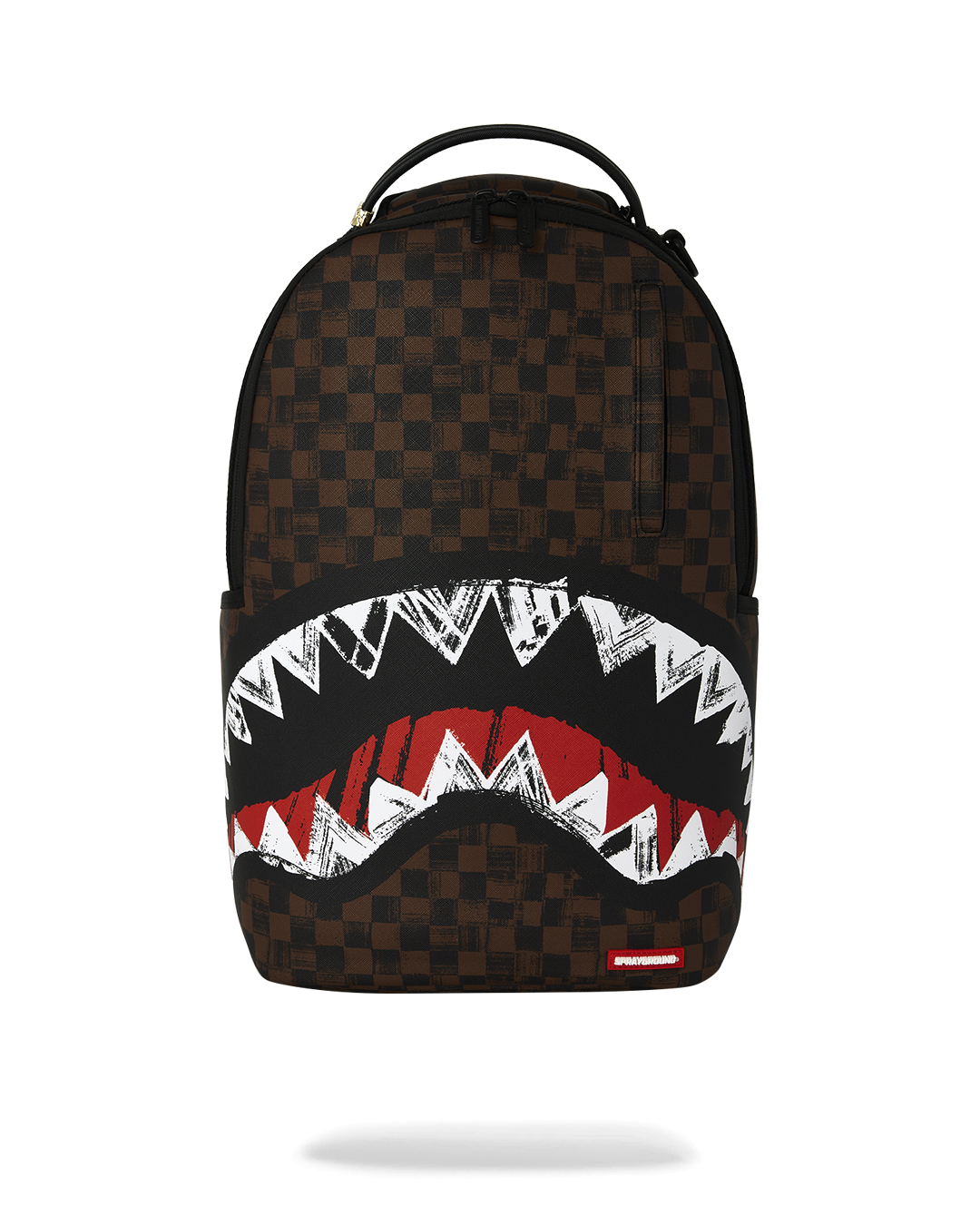 Sprayground backpack with brown checkered print and red/white shark graphic front