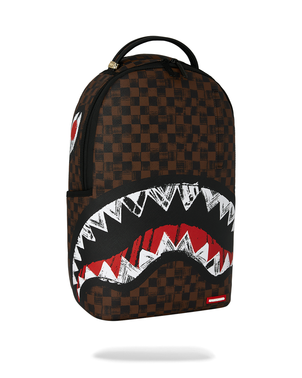 Sprayground backpack side view with brown checkered pattern and shark graphic