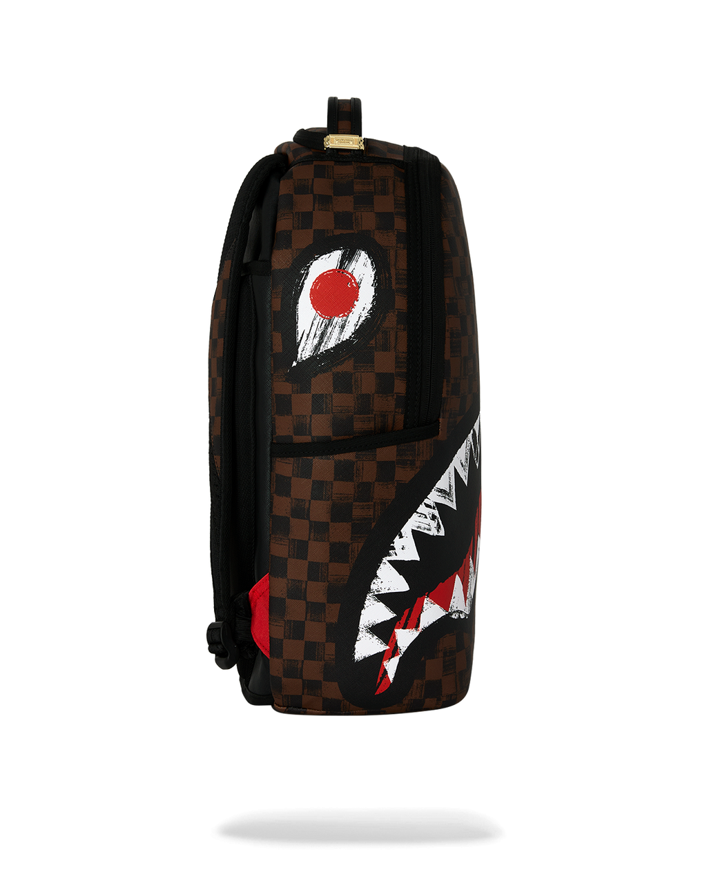 Sprayground backpack side panel with brown checkered print and red/white shark design
