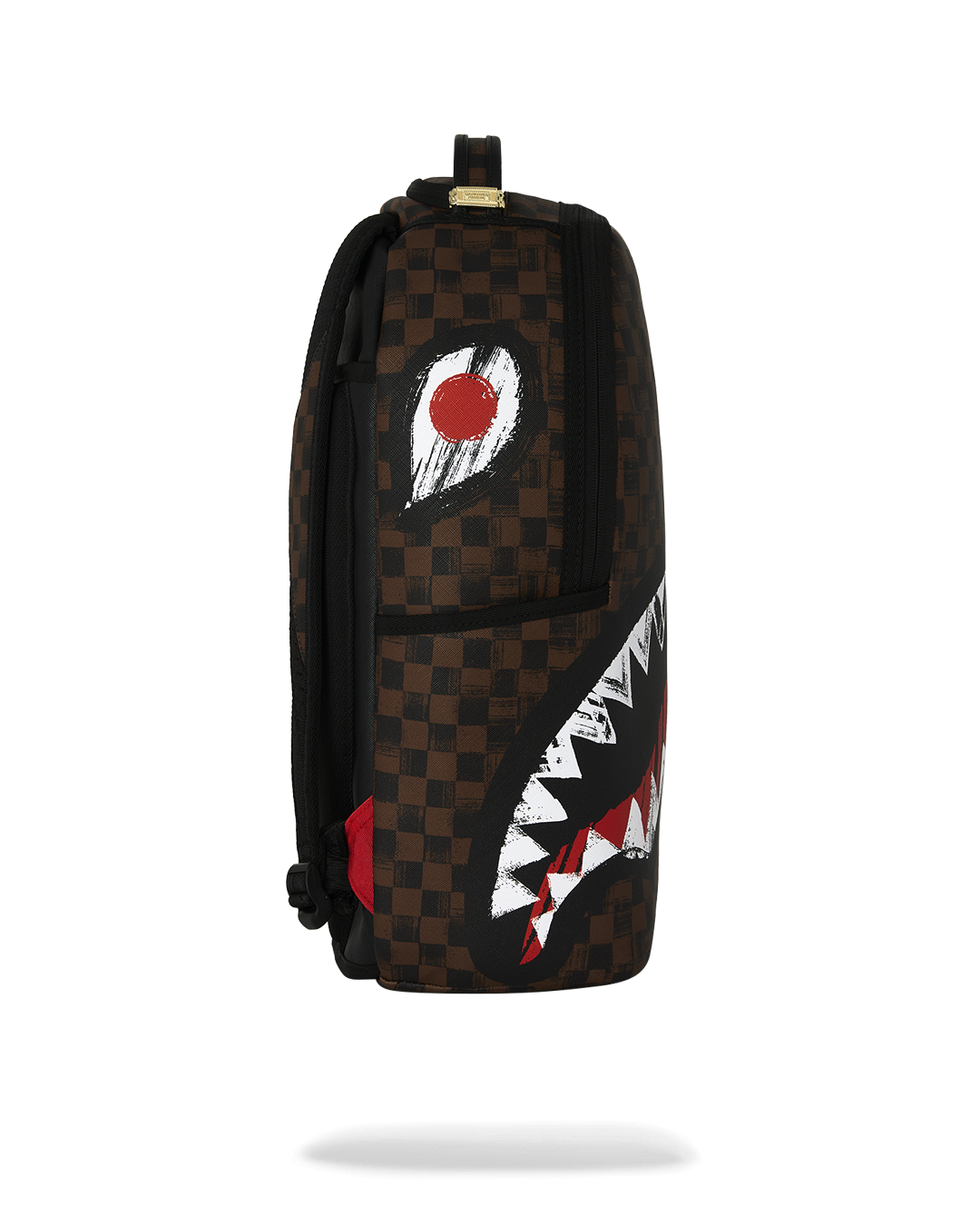 Sprayground backpack side panel with brown checkered print and red/white shark design