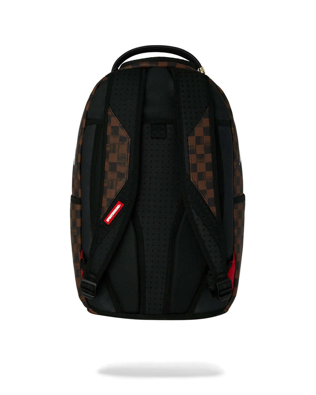 Sprayground backpack back view with black padded straps and adjustable harness