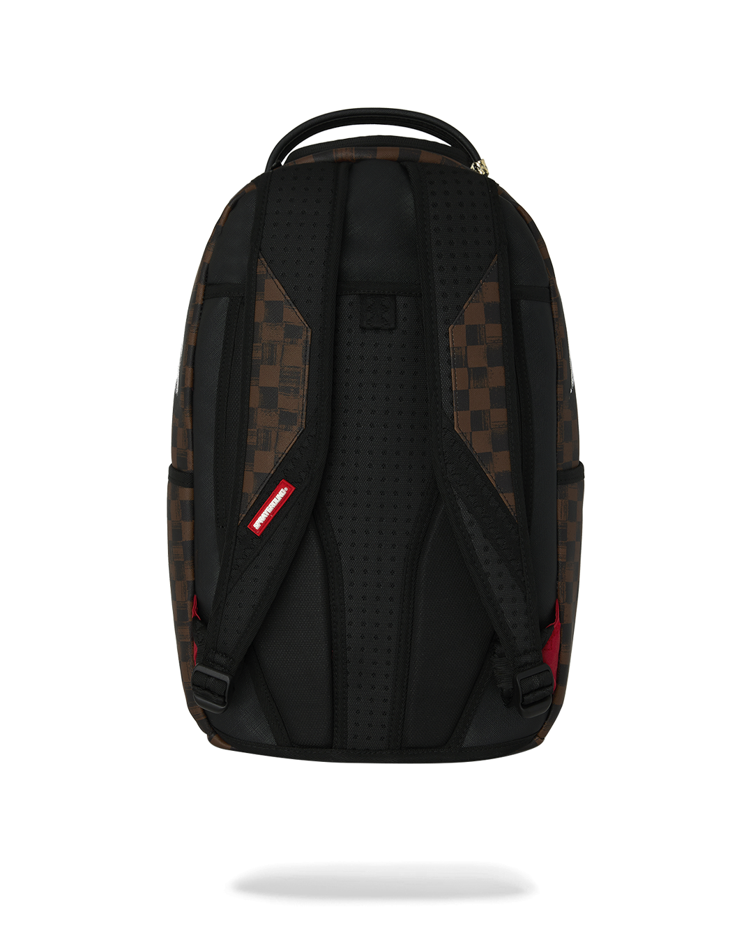Sprayground backpack back view with black padded straps and adjustable harness