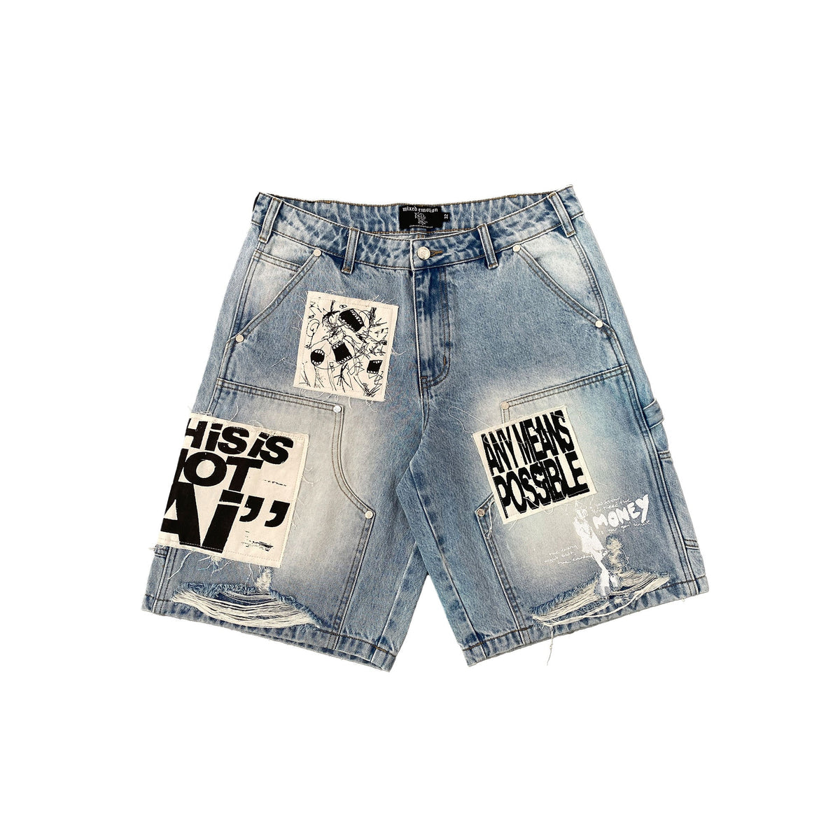 Men's blue denim shorts with front text and graphic patches
