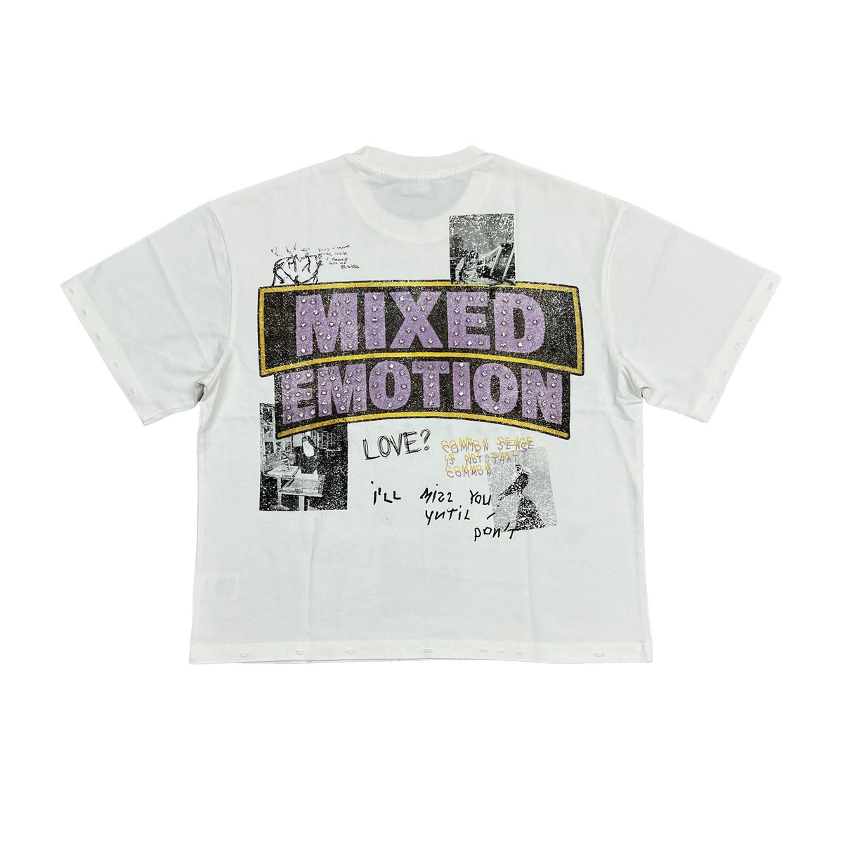 Men's white crew-neck graphic T-shirt with multicolor 'Mixed Emotion' print, front