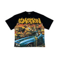 Men's black T-shirt with colorful graffiti front graphic and car scene
