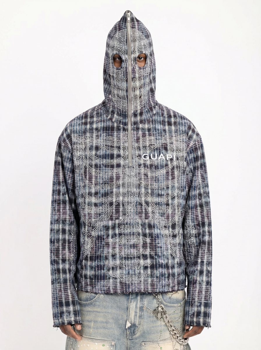 Men's blue skeleton half-zip hoodie with hood and GUAPI chest logo, plaid print