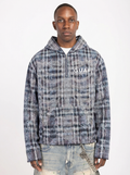 Men's blue skeleton half-zip hoodie with plaid print, hood, and GUAPI logo