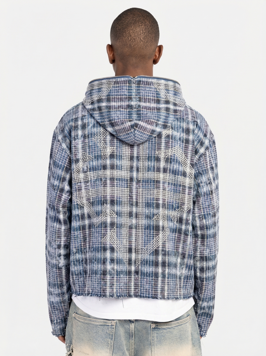 Men's blue plaid skeleton half-zip hoodie, hooded back view