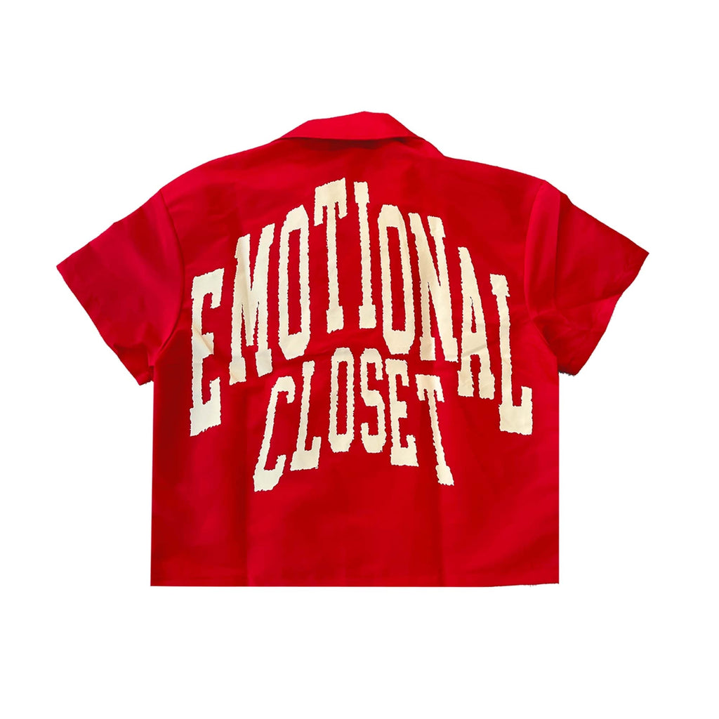 Red men's nylon button-up shirt, back typographic print