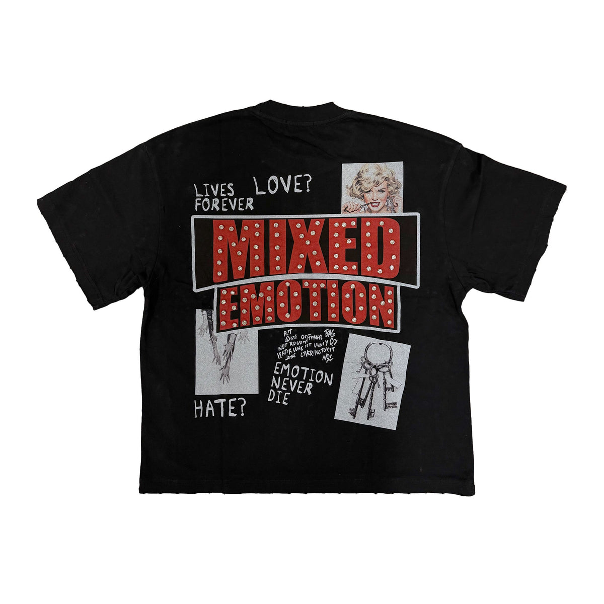 Men's black graphic T-shirt back with red mixed emotion block letters and photo collage