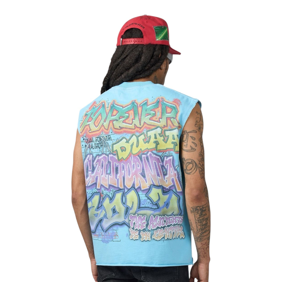 Blue men's wall cutoff tank with back graffiti-style graphic and distressed details