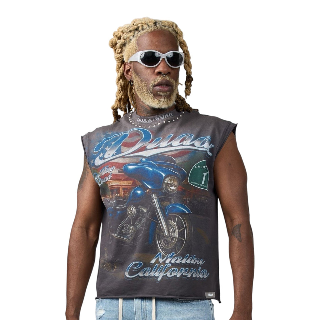 Men's grey sleeveless cutoff T-shirt with large front motorcycle graphic