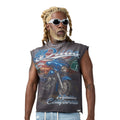 Men's grey sleeveless cutoff T-shirt with large front motorcycle graphic