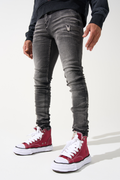 Men's slim-fit jeans in dark gray wash with ripped knee detail