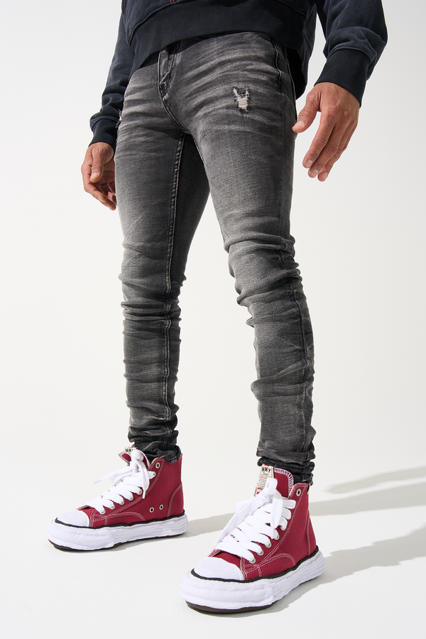 Men's slim-fit jeans in dark gray wash with ripped knee detail