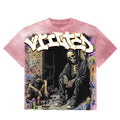 Men's pink wash graphic T-shirt with graffiti skeleton mural print