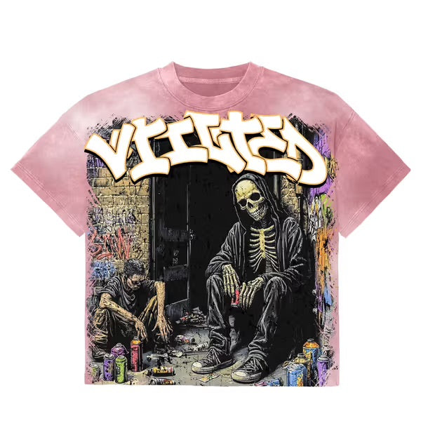 Men's pink wash graphic T-shirt with graffiti skeleton mural print