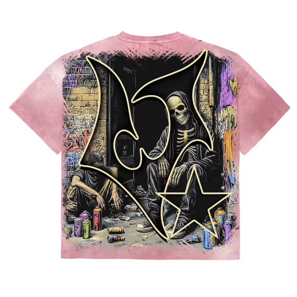 Men's pink wash graphic T-shirt with graffiti skeleton and star letter design