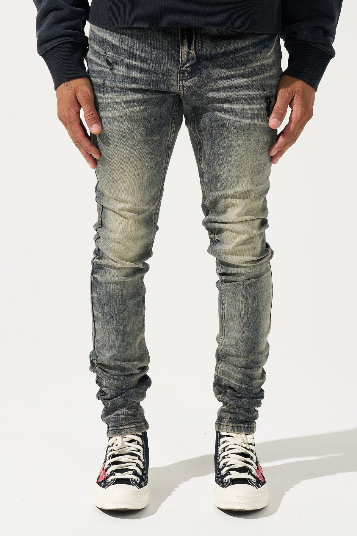 Men's gunmetal-wash slim jeans with faded stripes and ruched ankle cuffs
