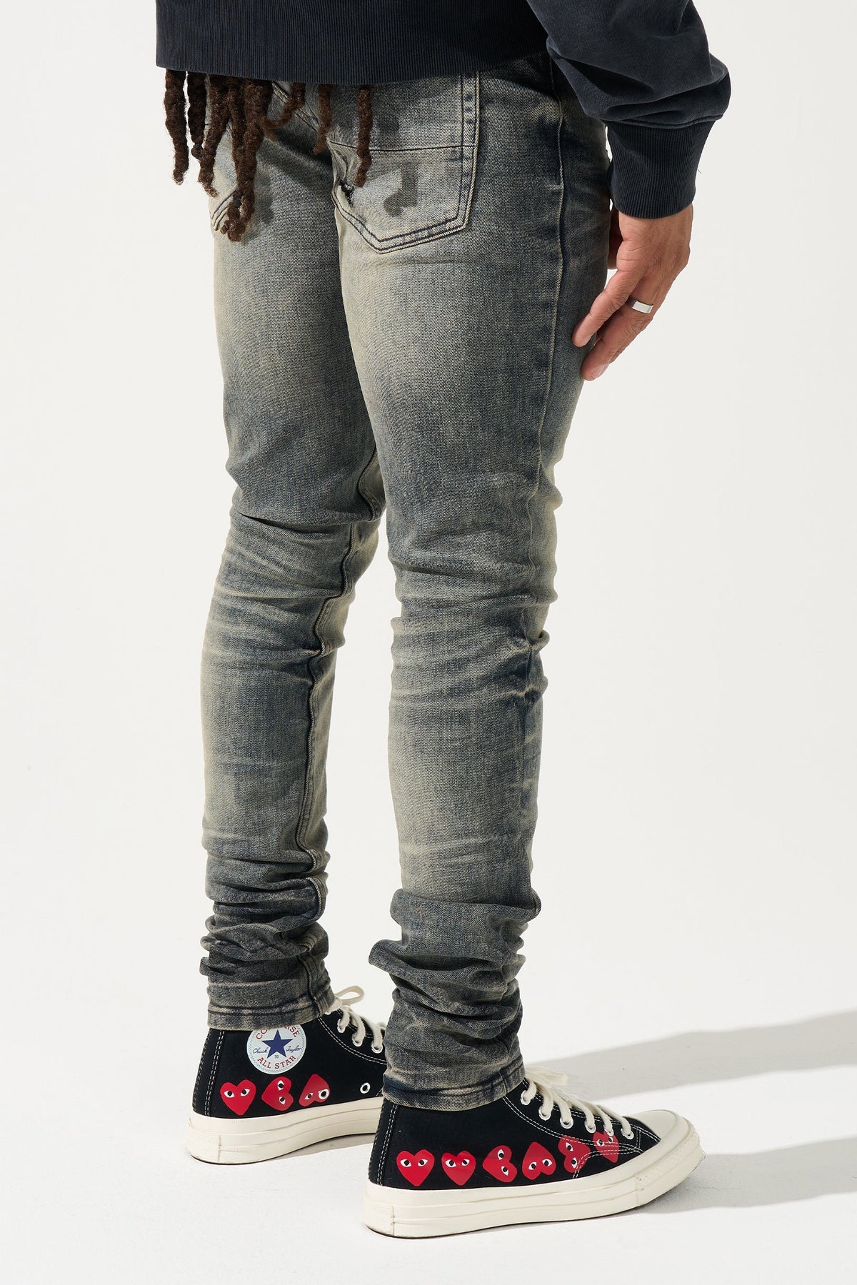 Men's gunmetal-wash slim jeans with button pocket detail and ruched ankle cuffs
